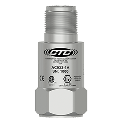 A stainless steel AC933 standard size class 1, division 2 / zone 2 top exit sensor engraved with the CTC line logo, product number, serial number, and hazardous area certification markings.